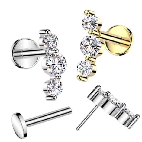 Triple CZ Threadless Push In Top Labret Flat Back Stud