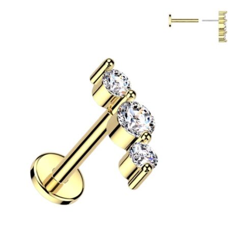 Triple CZ Threadless Push In Top Labret Flat Back Stud - Image 3