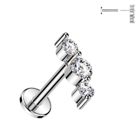 Triple CZ Threadless Push In Top Labret Flat Back Stud - Image 2