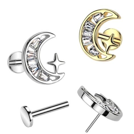 CZ Crescent Moon Threadless Push In Top Labret, Flat Back Stud