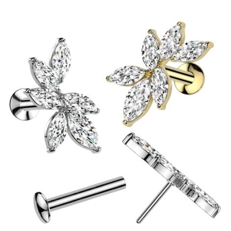 6 Marquise CZ Vine Threadless Push In Top, Labret Convex Back Stud