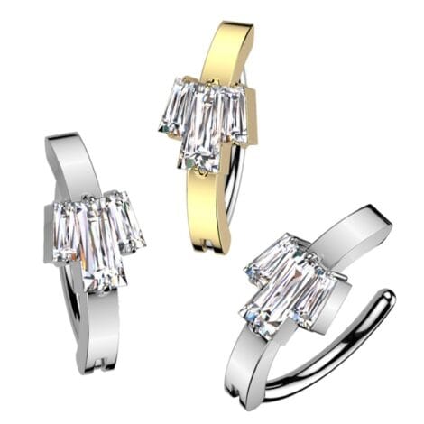 3 Baguette CZ Center Hinged Belly Navel Clicker Ring