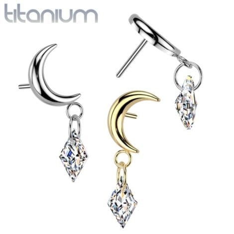 Implant Grade Titanium Threadless Push In Moon Top With Diamond CZ Dangle