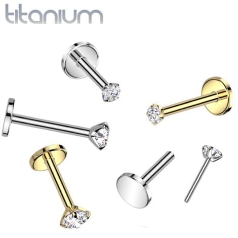 Implant Grade Titanium Threadless Push In Flat Back Stud With Prong CZ Top