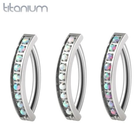ASTM F136 Titanium Clicker Belly Ring with Channel Set Opal
