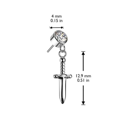 Implant Graded Titanium Threadless Push In Round Bezel Set CZ With Dagger Dangle Top - Image 2