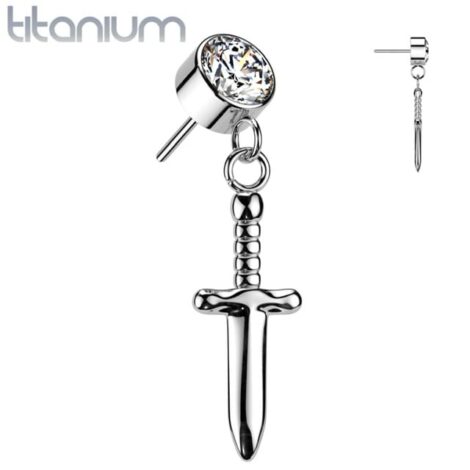 Implant Graded Titanium Threadless Push In Round Bezel Set CZ With Dagger Dangle Top - Image 1