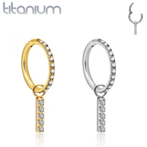 Implant Titanium CZ Lined Hinged Segment Ring with CZ Dangle Bar
