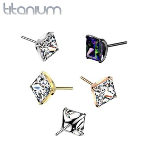 Implant Grade Titanium Threadless Push In Square CNC Cut Round Back Prong Set CZ Top