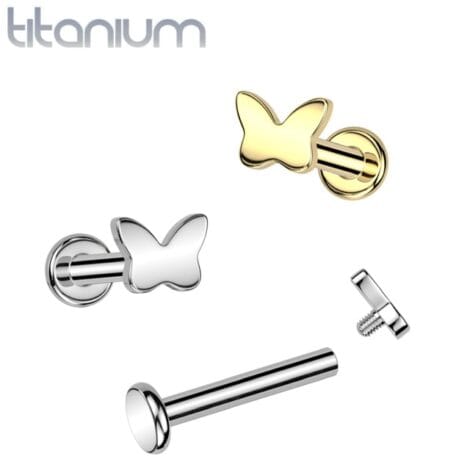 Implant Grade Titanium Butterfly Top Labret, Flat Back Stud Internally Threaded