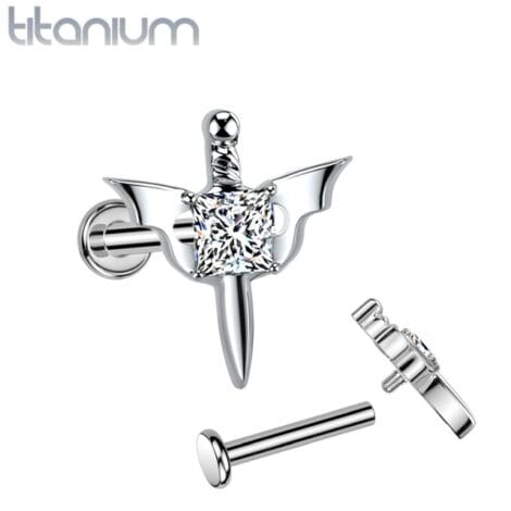 Implant Grade Titanium Dagger Labret Threaded With CZ Set Bat Wings