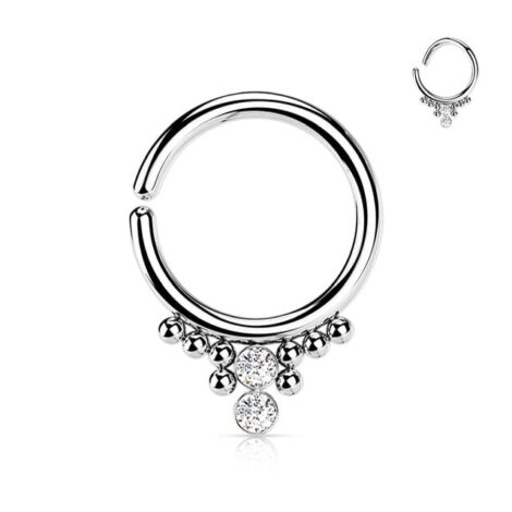 All 316L Surgical Steel Hoop Ring with 2 Horizontal CZ Balls and Beading - Image 3