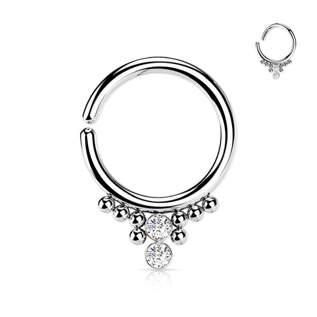 All 316L Surgical Steel Hoop Ring with 2 Horizontal CZ Balls and Beading