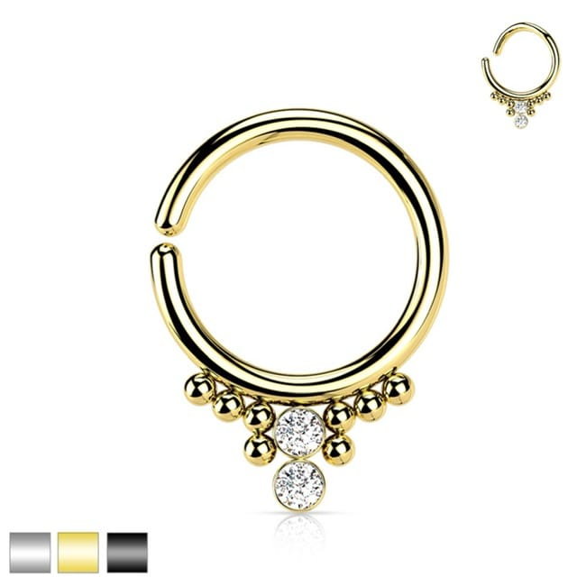 All 316L Surgical Steel Hoop Ring with 2 Horizontal CZ Balls and Beading
