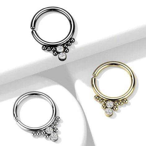 All 316L Surgical Steel Hoop Ring with 2 Horizontal CZ Balls and Beading - Image 2
