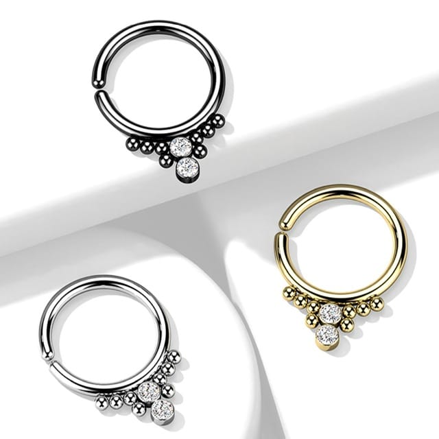 All 316L Surgical Steel Hoop Ring with 2 Horizontal CZ Balls and Beading
