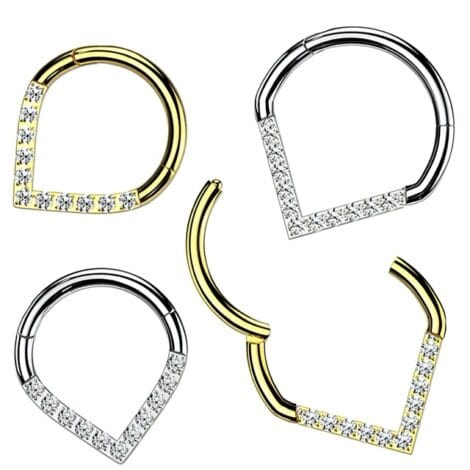 Hinged Segment Ring Teardrop With CZ Single Line Chevron Setting