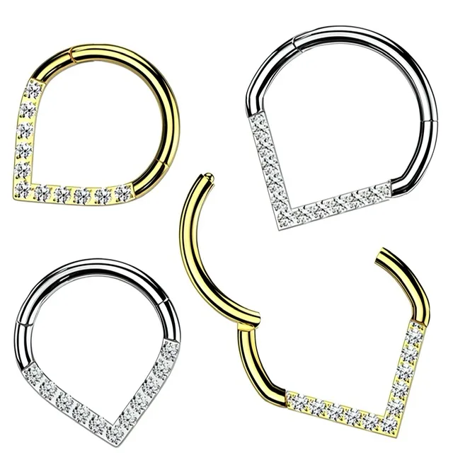 Hinged Segment Ring Teardrop With CZ Single Line Chevron Setting