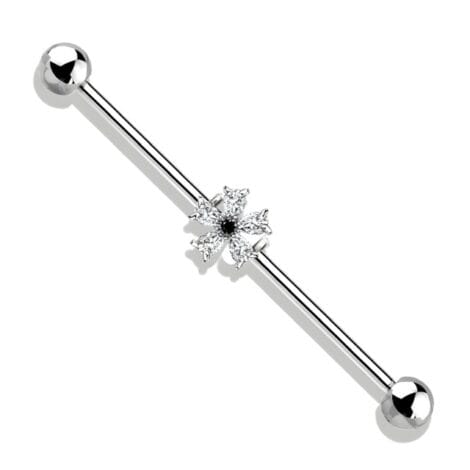 Black and Clear Teardrop CZ Flower Industrial Barbell