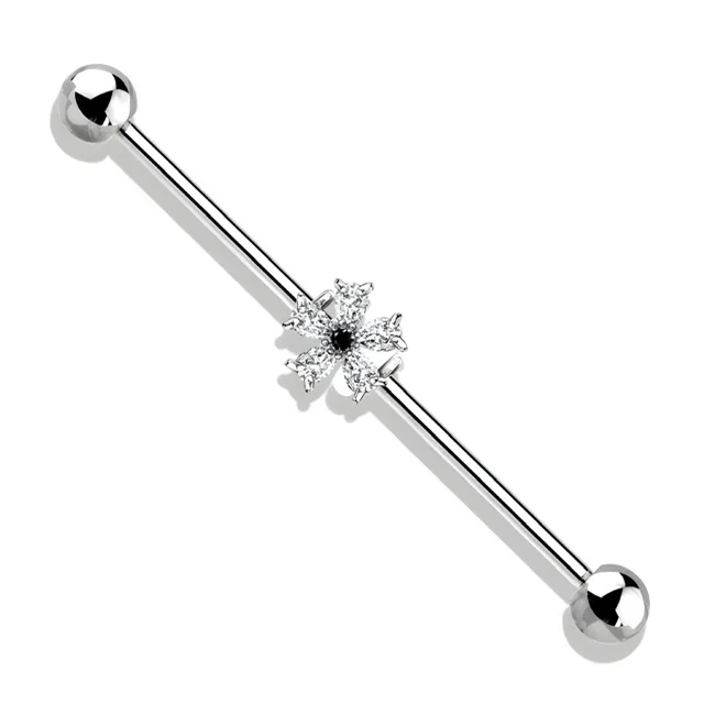 Black and Clear Teardrop CZ Flower Industrial Barbell