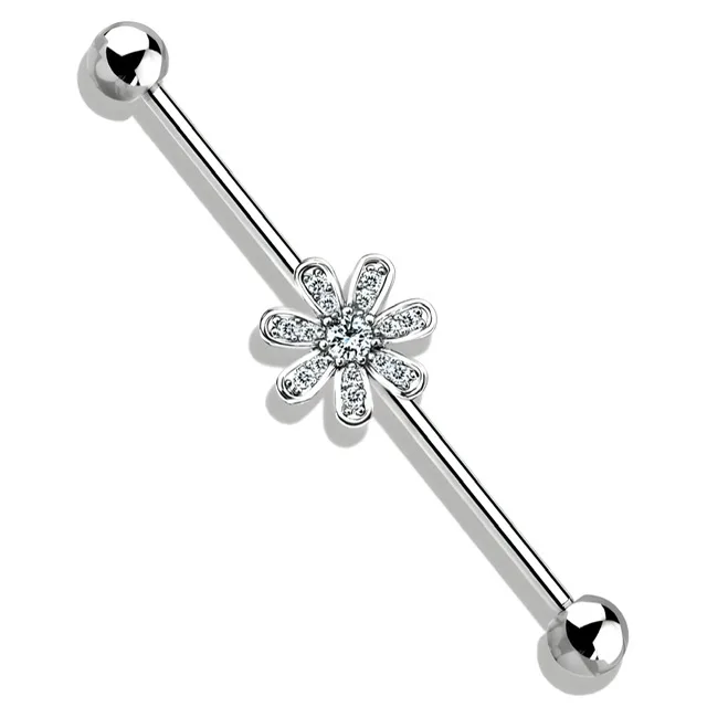 7 Petal CZ Pave Daisy Flower Industrial Barbell