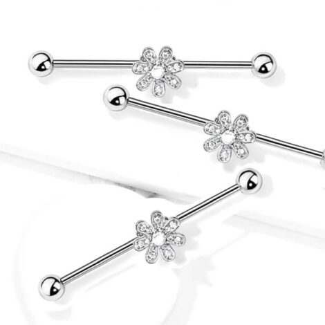 7 Petal CZ Pave Daisy Flower Industrial Barbell - Image 2