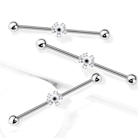 Black and Clear Teardrop CZ Flower Industrial Barbell - Image 2
