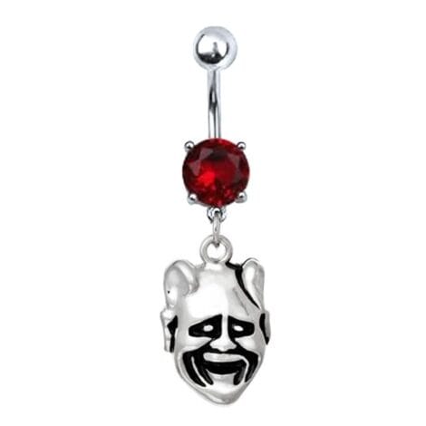 Laughing Ghoul with Horns Prong Set Red CZ Belly Ring