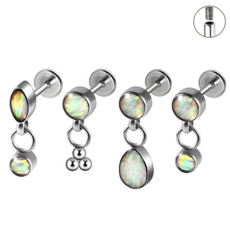 White Snow Opal Labret with Opal Dangle Internally Threaded