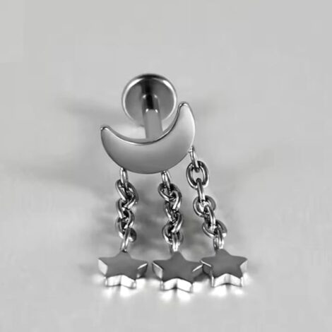 ASTM Titanium Labret Moon with Dangle Chains and Stars, Threaded - Image 3