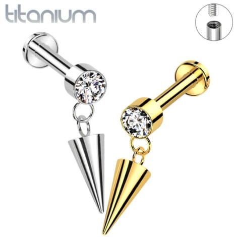 ASTM Titanium CZ Top Labret with Dangle Spike, Internal Threaded