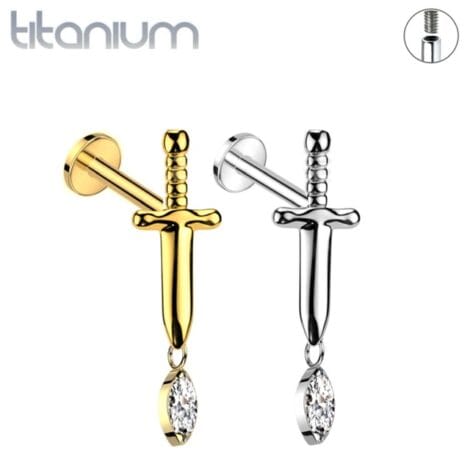 ASTM Titanium Dagger Labret with Marquise CZ Dangle Threaded