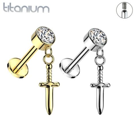 ASTM Titanium CZ Top Labret with Dagger Dangle Internal Threaded