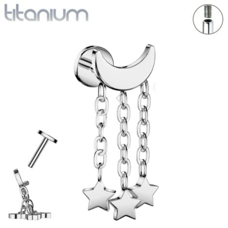 ASTM Titanium Labret Moon with Dangle Chains and Stars, Threaded
