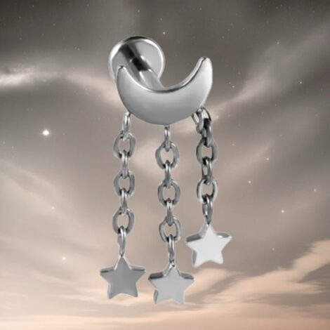 ASTM Titanium Labret Moon with Dangle Chains and Stars, Threaded - Image 2