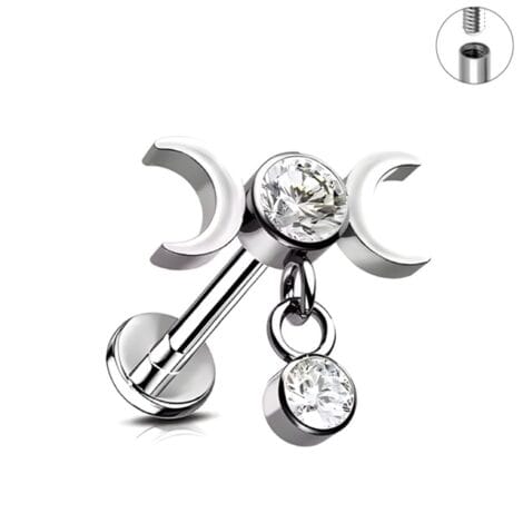 Crescent Moon CZ Labret with Round CZ Dangle Internally Threaded