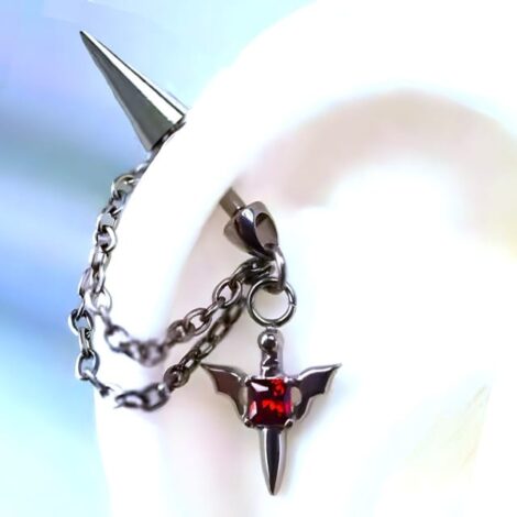 Bullet Top Cartilage Labret with Red Gem Sword and Chains - Image 4