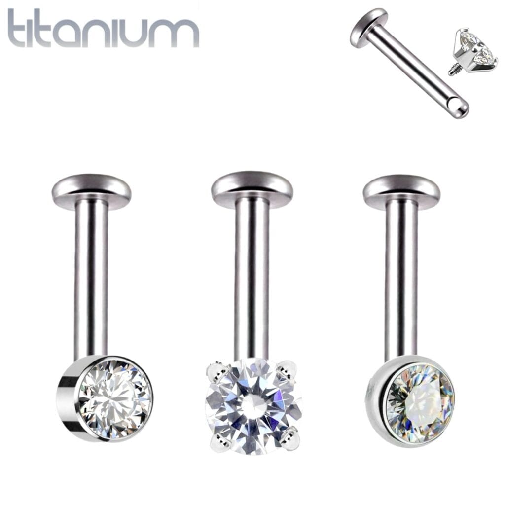 Titanium Forward Facing CZ Labrets, Side Thread for Vertical Helix