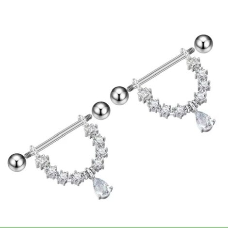 14G Nipple Ring Pairs with Gem Shield and Teardrop Dangle - Image 2