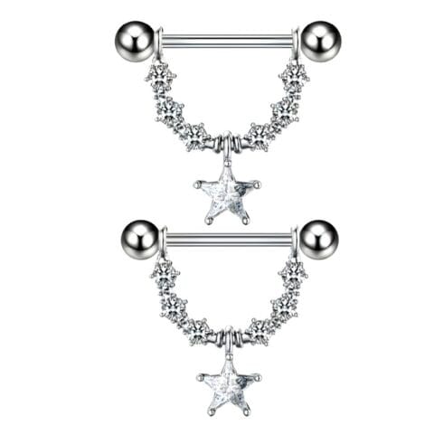 14G Nipple Ring Pair with Gem Shield and Star Dangle