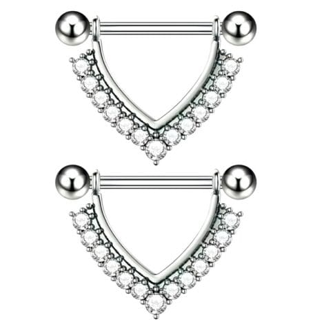 14G Nipple Rings Pairs with Gem Lined  V Shield