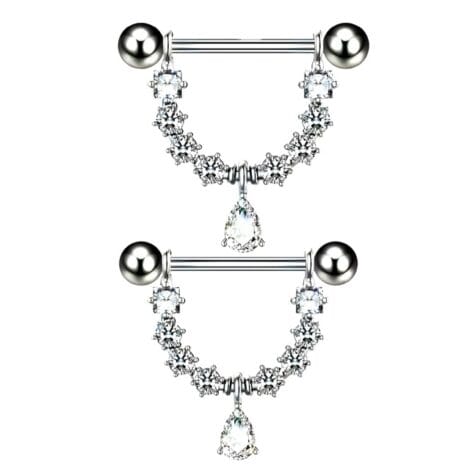 14G Nipple Ring Pairs with Gem Shield and Teardrop Dangle