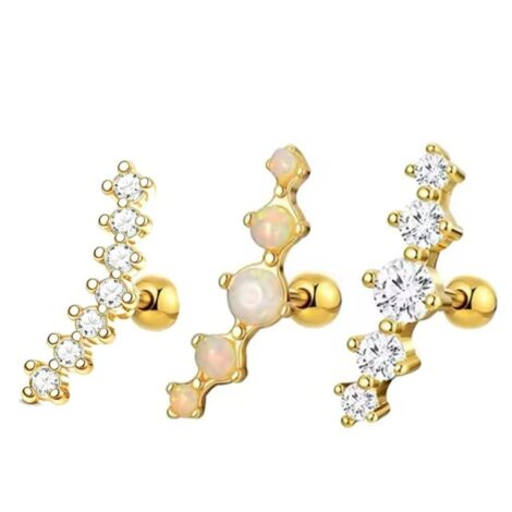 Ear Cartilage Barbells Curved with Clear Gems and Opal Set Tops - Image 2
