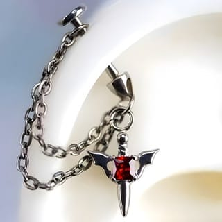 Bullet Top Cartilage Labret with Red Gem Sword and Chains