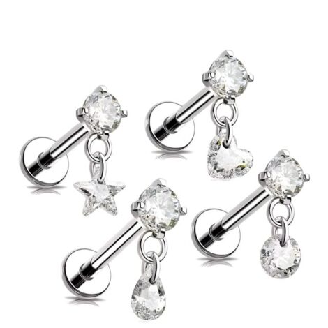 CZ Gem Top Labret with Dangling CZ Shapes Internally Threaded - Image 3