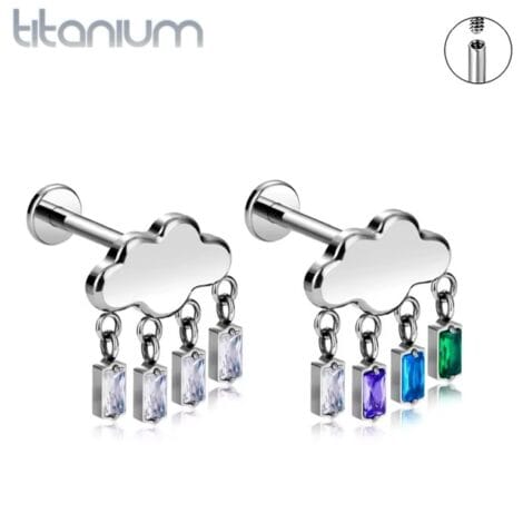 18G Titanium Puffy Cloud Labret with Raindrop Gems, Threaded