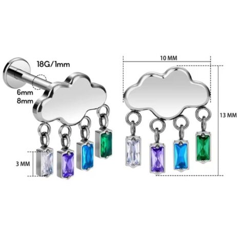 18G Titanium Puffy Cloud Labret with Raindrop Gems, Threaded - Image 3