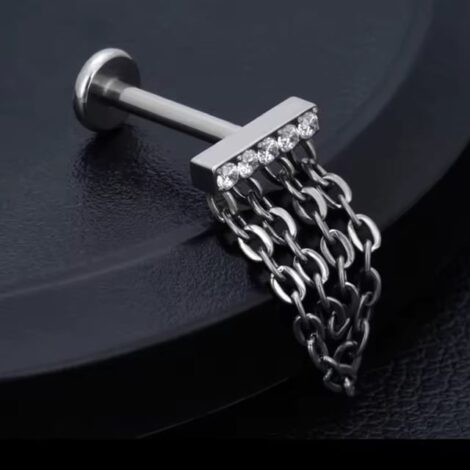 18G Titanium Labret with CZ Set Bar and Chain Loops, Threaded - Image 2