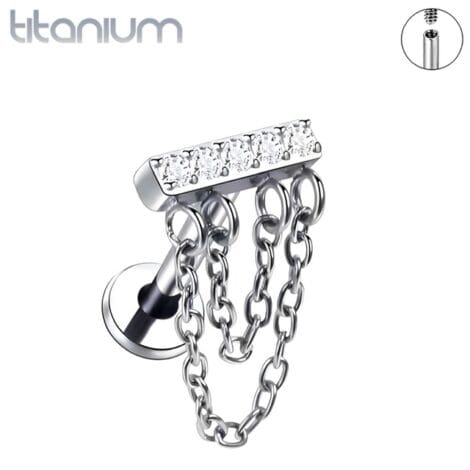 18G Titanium Labret with CZ Set Bar and Chain Loops, Threaded