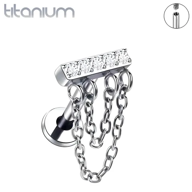18G Titanium Labret with CZ Set Bar and Chain Loops, Threaded